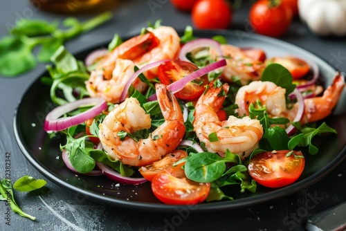 Healthy prawn salad with tomatoes and red onion on a black plate Concept Healthy food
