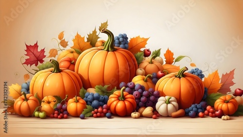 Thanksgiving background with pumpkins, grapes, and leaves on wooden table, Fall harvest theme with seasonal fruits and foliage photo