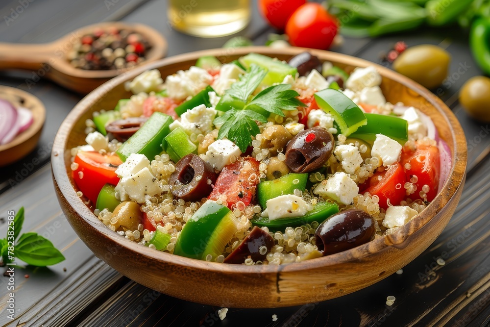 Healthy salad with quinoa feta olives tomatoes peppers celery onions and spices