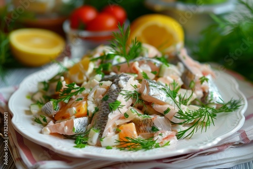 Herring fish salad on a plate for a snack