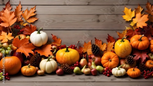 Festive Thanksgiving arrangement featuring autumn leaves  pine cones  pumpkins  pears  apples  berries on a light wooden background  copy space for text
