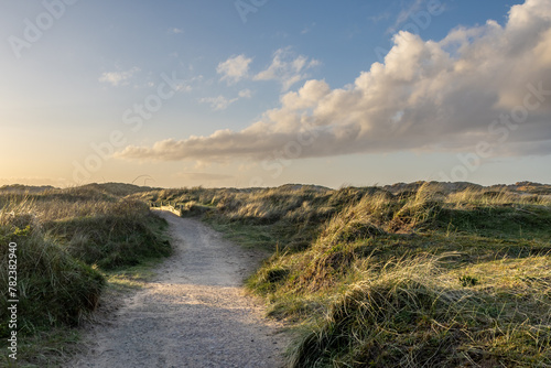 Looking along a pathway running through marram grass covered sand dunes, at Formby on the Merseyside coast