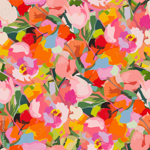 Abstract floral seamless pattern. Bright colors, gouache painting