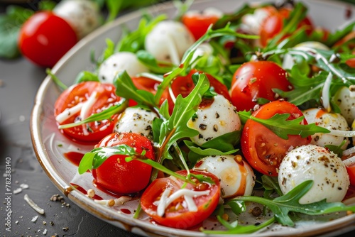 Homemade Caprese salad with cherry tomatoes mozzarella fresh basil and rocket Tasty and healthy vegetarian option Close up view