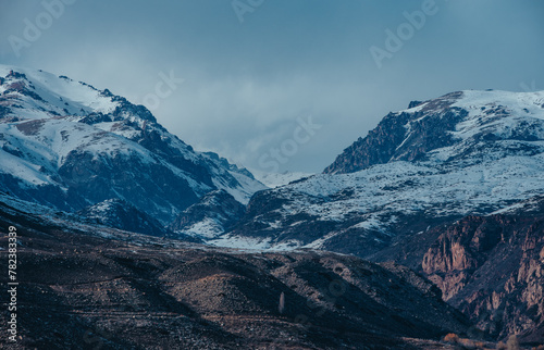 Mountain landscape with snowy peaks in Kyrgyzstan