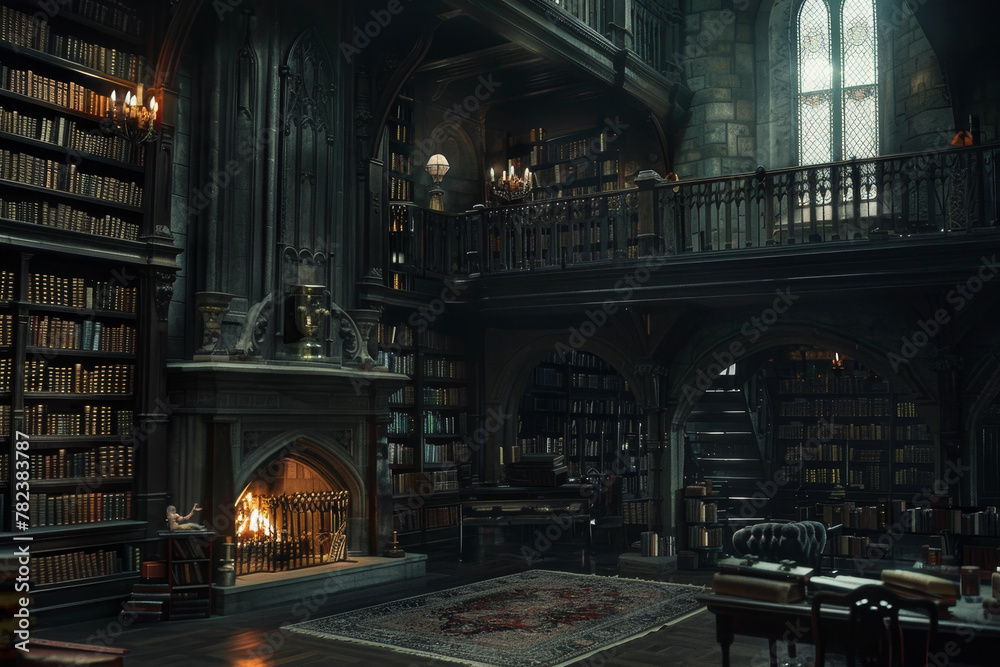 A large room with a fireplace and many bookshelves. The room has a dark and mysterious atmosphere