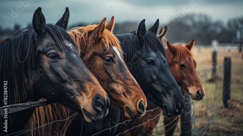 Five horses are standing next to a fence in a field. The horses are all brown and have their heads turned towards the camera. The scene gives off a peaceful and calm mood