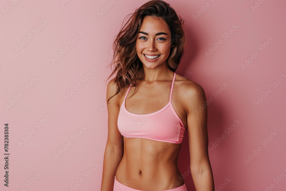 A woman is smiling and wearing a white tank top. She is standing in front of a pink wall A woman is smiling and wearing a white tank top. She is standing in front of a pink wall