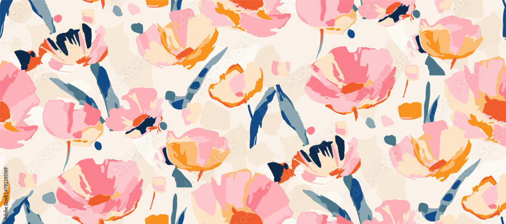 Abstract floral seamless pattern. Bright colors, gouache painting - obrazy, fototapety, plakaty 