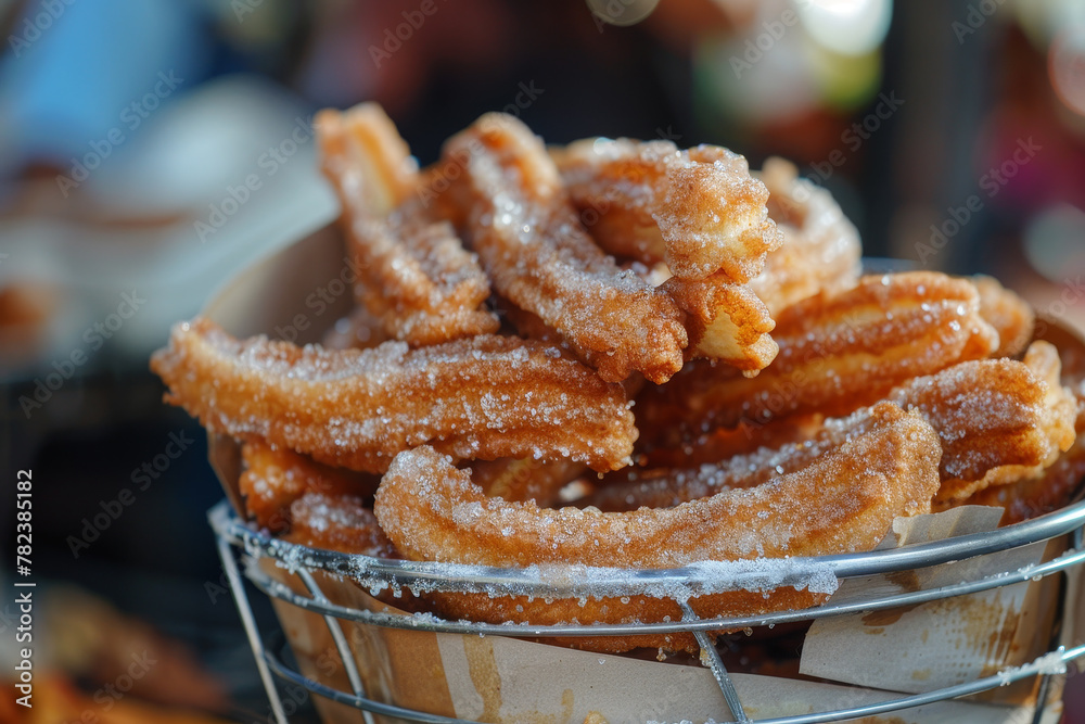 A basket of churros with sugar sprinkled on top. Concept of indulgence and enjoyment A basket of churros with sugar sprinkled on top. Concept of indulgence and enjoyment