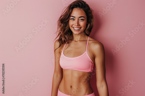 A woman is smiling and wearing a white tank top. She is standing in front of a pink wall