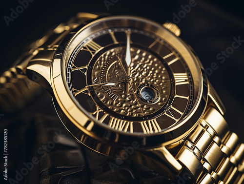 A beautiful men's or women's luxury gold watch on a dark background photographed close-up 