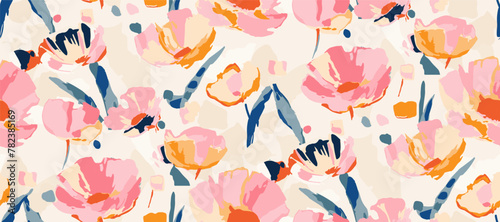 Abstract floral seamless pattern. Bright colors, gouache painting