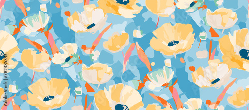 Abstract floral seamless pattern. Bright colors, gouache painting