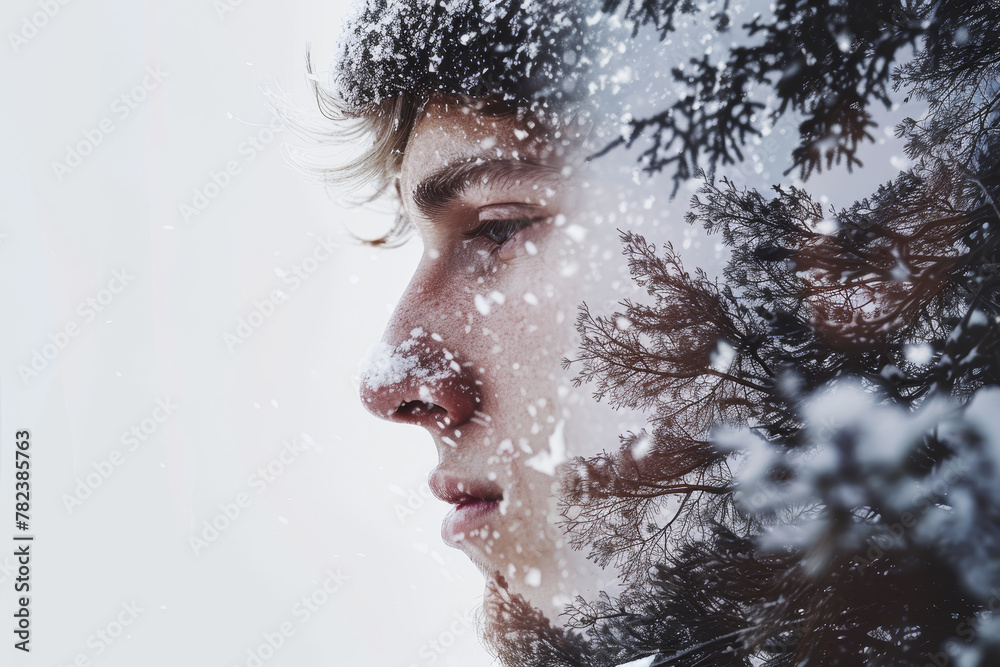 A man's face is shown in a snow-covered forest. The image has a dreamy, ethereal quality to it, as if the man's face is a reflection in the snow