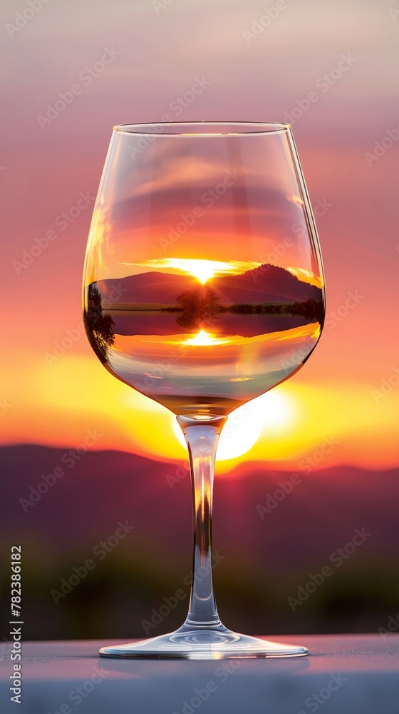 The sun sets in a brilliant display of colors, perfectly captured within the elegant curves of a wine glass, creating a tranquil evening scene.