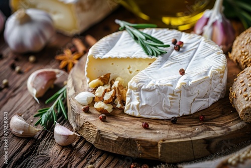 Italian dairy products such as Camembert and brie cheese with nuts spices and garlic on a wooden background