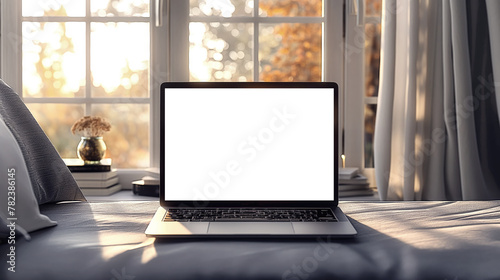 Laptop on bed with white screen for mock up, warm sunlight filtering through window, cozy home atmosphere
