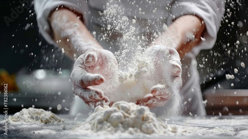 A chef expertly kneads dough  with flour dusting the air  showcasing the tactile beauty of culinary art in motion.