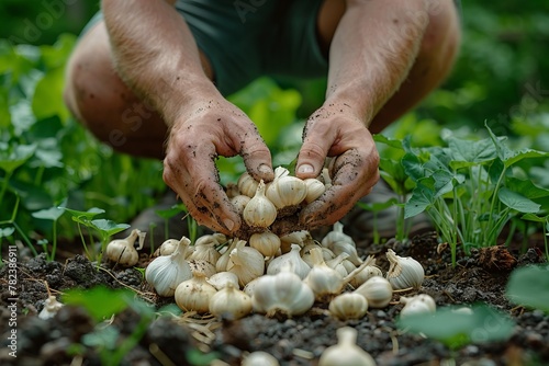 Harvesting garlic, a staple food, from the garden groundcover