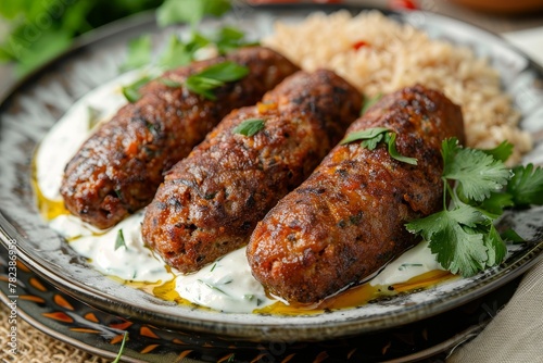 Kibbeh in yogurt sauce with cilantro Middle Eastern dish with ground meat bulgur wheat photo