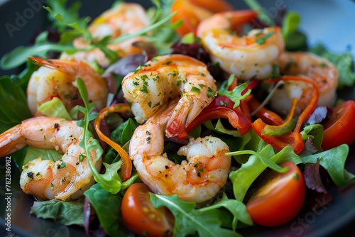 King prawns with salad including lettuce tomatoes and bell pepper