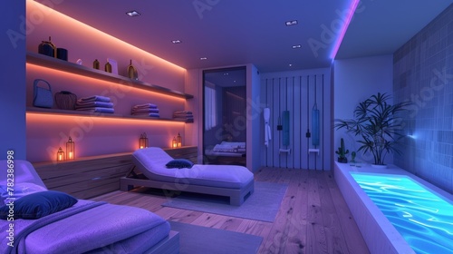 Lounge spa salon room in neon colors, chromotherapy relax interior photo