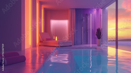 Lounge spa salon room in neon colors, chromotherapy relax interior photo