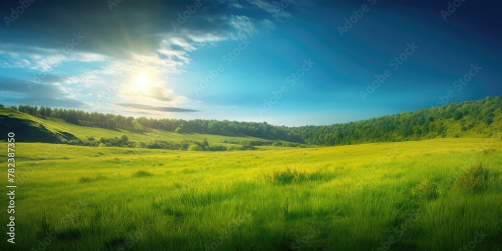 Serene Summer Landscape with Lush Green Fields and Vibrant Sky Generative AI