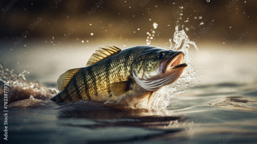 Leaping Bass Fish Emerges from Riverwater Generative AI Leaping Bass Fish Emerges from Riverwater Generative AI