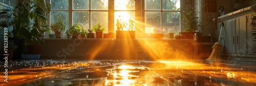 Sunlight shines brightly through a window, casting a warm glow on the floor with a rag visible. photo