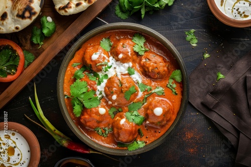 Malai kofta with yogurt herbs potato and paneer balls in tomato sauce Indian dish viewed from the top