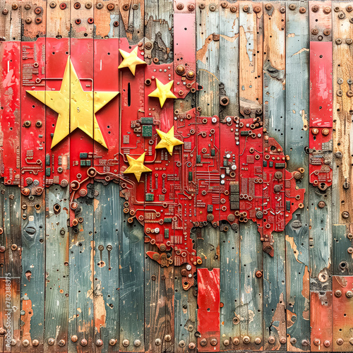 Motherboard design overlaid with the flag of China, representing the fusion of technology and national identity. The map is made of electronic components and has a futuristic look