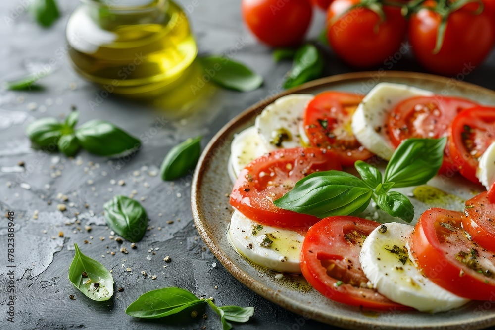 Mozzarella cheese tomatoes olive oil basil leaves on concrete background Healthy vegetarian salad