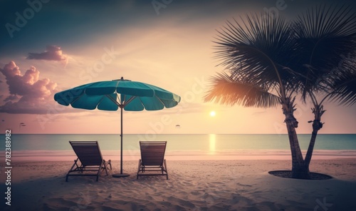 Tropical Sunset Serenity with Beach Furniture Generative AI © AlexandraRooss