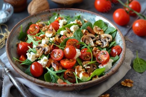 Mediterranean salad with cherry tomatoes baby spinach rocket oyster mushrooms walnuts sun dried tomatoes and grilled goat cheese