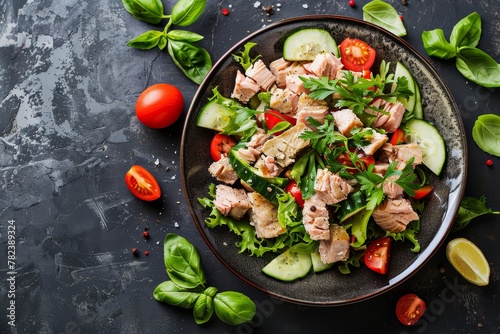 Mediterranean salad with tuna and veggies Overhead shot with space for text