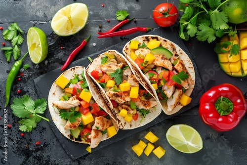 Mexican chicken tacos with veggies and mango served on slate board with mango salsa Top view photo