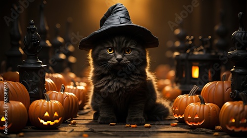 Spooky Black Cat on Halloween Night Generative AI