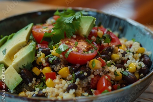 Mexican salad with black beans avocado corn tomato rice quinoa and chili dressing