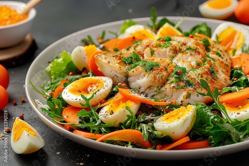 Mimosa salad with fish carrots eggs on dark background