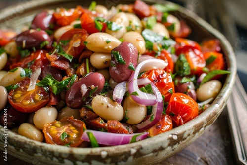 Mixed bean salad with cherry tomatoes chorizo and red onion