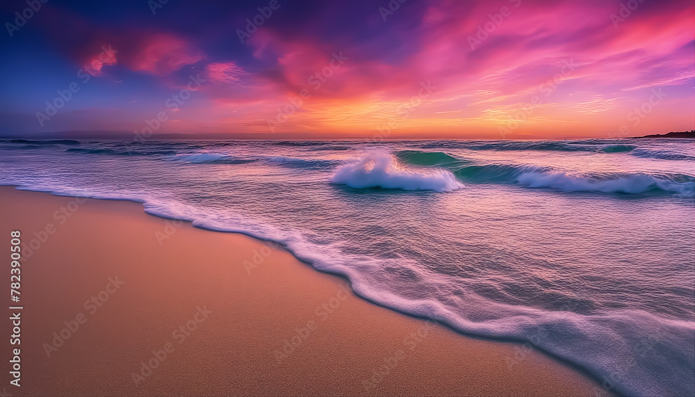 Fantastic beach. Colored sunset over the ocean. Magical seascape