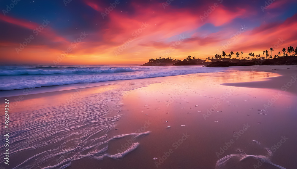 Fantastic beach. Colorful sunset over the ocean. Sea surf. Magic sea landscape. Cloud cover with stars
