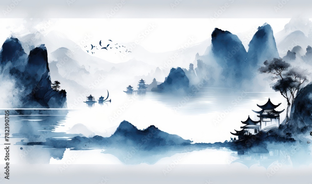 Serene Coastal Landscape in Traditional Oriental Ink Painting Style Generative AI
