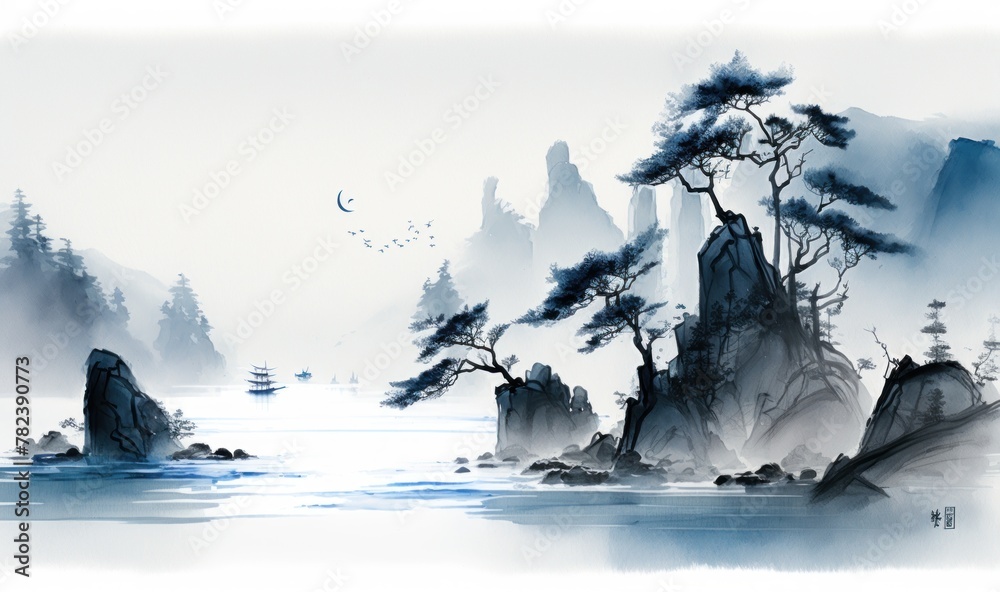 Tranquil Coastal Landscape in Traditional East Asian Ink Painting Style Generative AI