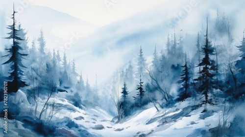 Enchanting Foggy Forest Landscape in Winter Generative AI