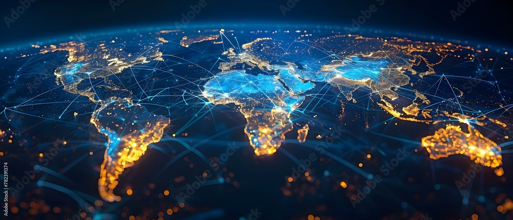 Global Trade Network in Blue and Yellow Hues. Concept Business Development, International Trade, Logistics, Supply Chain Management, Global Marketplace