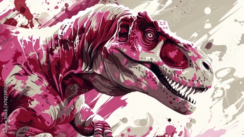 A minimalist depiction of a T-rex awakening at dawn, surrounded by a abstract pattern of Warm Gray, Crimson, and Raspberry. Negative space highlights the gourmet Satan aesthetic.