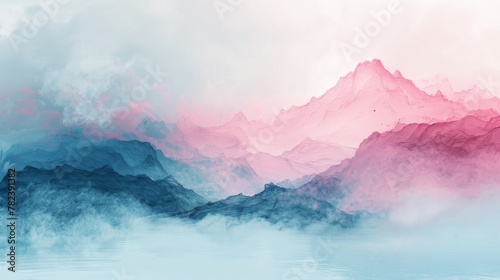 Abstract, minimalistic artwork in white, Pink Lady, and Sky Blue, with imperial references and negative space. Raw style, 169 aspect ratio. photo